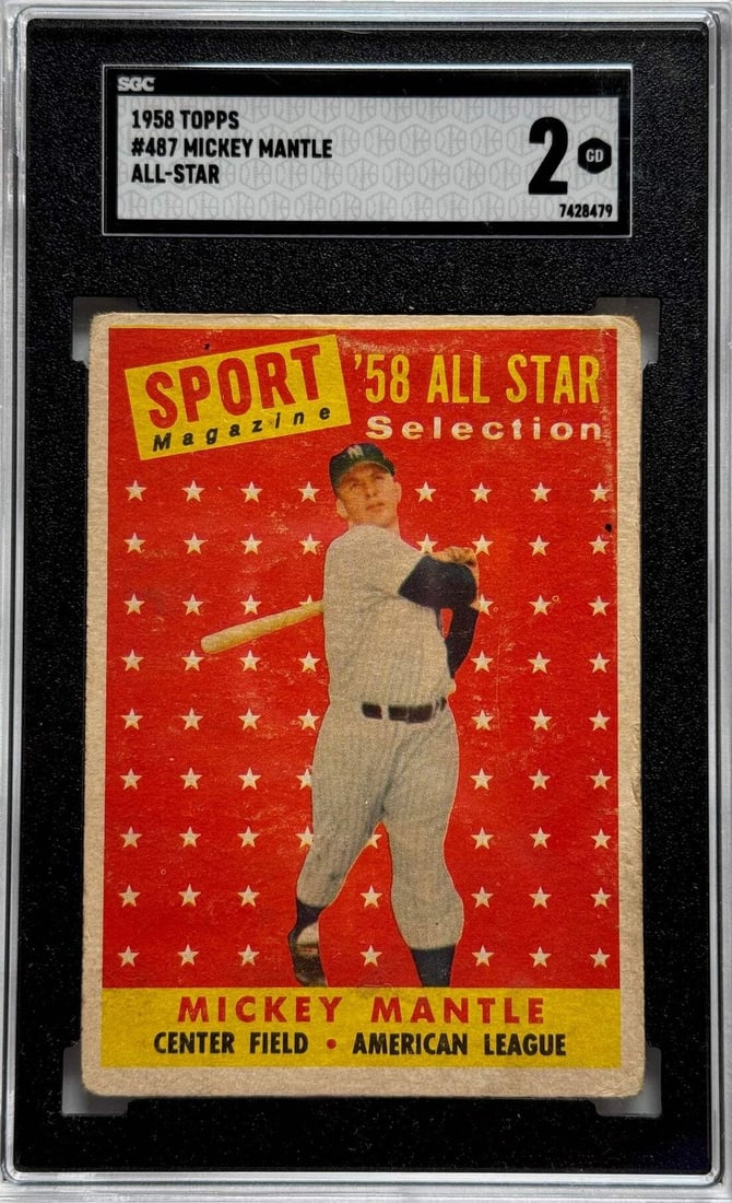 Mickey Mantle 1958 Topps All Star SGC Graded 2: Mickey Mantle 1958 Topps All Star SGC Graded 2 Mickey Mantle 1958 Topps All-Star graded 2 by SGC, a rare and iconic baseball card from the legendary slugger. This card, bearing the signature of the Pr