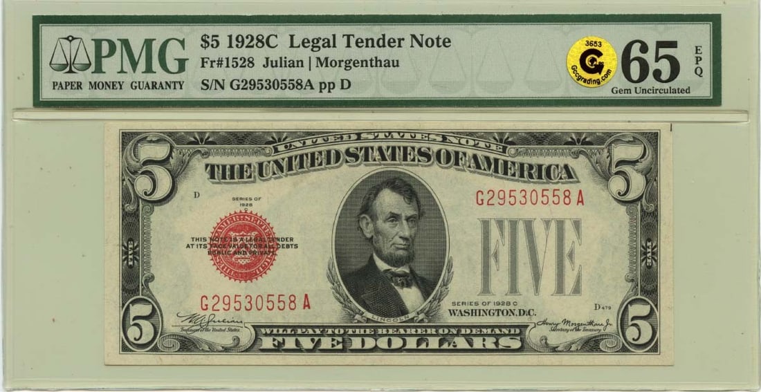 1928C $5 Legal Tender Note FR#1528 PMG GEM 65 EPQ GCC Gold: 1928C $5 Legal Tender Note FR#1528 PMG GEM 65 EPQ GCC Gold The 1928C $5 Legal Tender Note, graded MS65 by PMG, boasts a stunning Gem condition with exceptional preservation. This uncirculated note