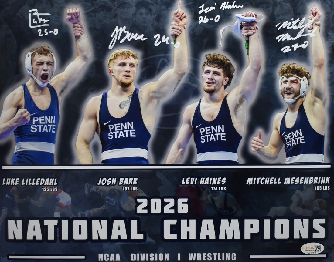 Penn State Wrestling Autographed by 4 2026 National Champs 11x14 Photo JSA 08286: Penn State Wrestling Autographed by 4 2026 National Champs 11x14 Photo JSA 08286 Item Specifics: Autograph Authentication: James Spence Authentication (JSA) Original/Reprint: Original Product: Photo
