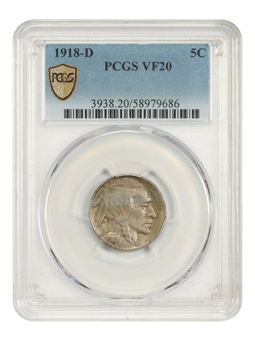 1918-D 5C PCGS VF20 - Buffalo Nickel: 1918-D 5C PCGS VF20 - Buffalo Nickel The 1918-D Buffalo Nickel is a circulated coin featuring a striking design by James Earle Fraser, with its distinctive buffalo's head and flowing mane. Certified b