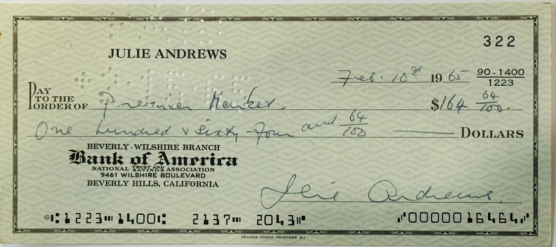 English Actress Singer Julie Andrews Author Personal Check (1 of 2)