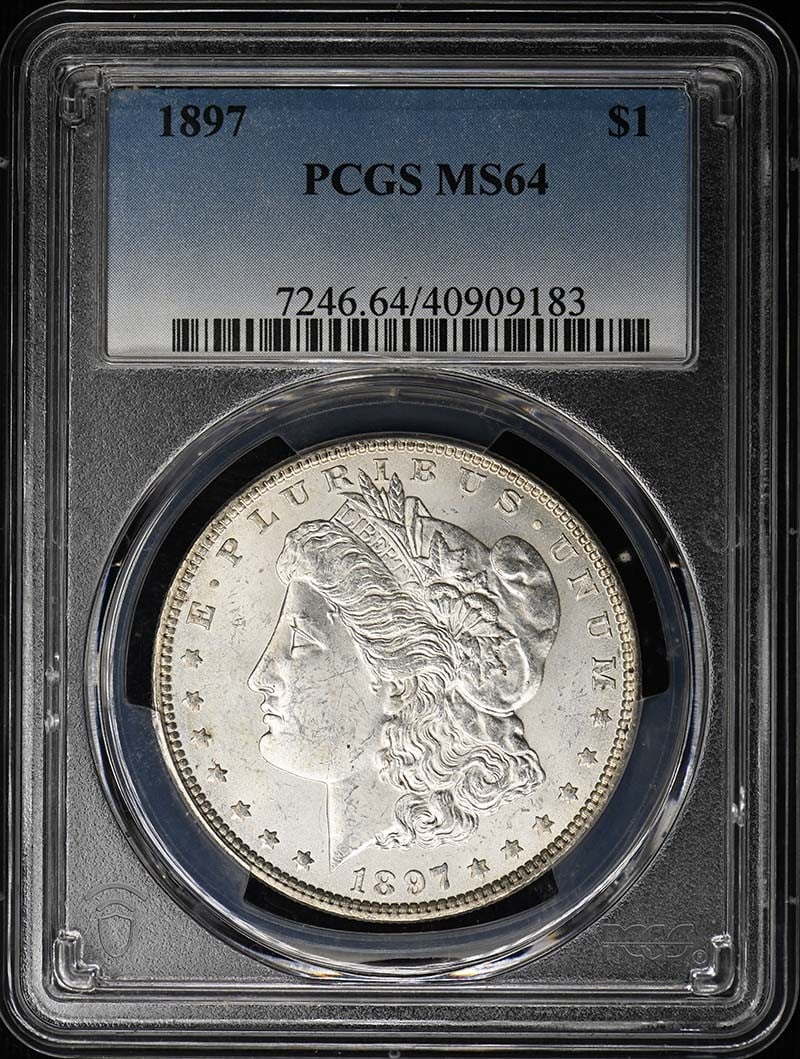 1897 $1 Morgan Dollar PCGS MS64: 1897 $1 Morgan Dollar PCGS MS64 The 1897 $1 Morgan Dollar is a highly sought-after coin, certified by PCGS as MS64. This uncirculated coin features the iconic design of Augustus Saint-Gaudens, minted 