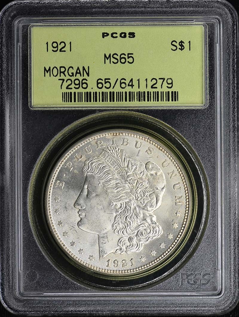 1921 $1 Morgan Dollar PCGS MS65: 1921 $1 Morgan Dollar PCGS MS65 The 1921 $1 Morgan Dollar is a highly graded coin, certified MS65 by PCGS, indicating its exceptional condition. This uncirculated coin was minted in Philadelphia and f
