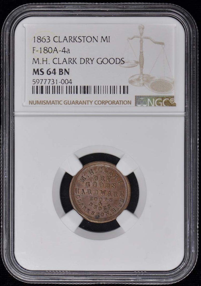 CLARKSTON CWT F-180A-4a MI NGC MS64BN: CLARKSTON CWT F-180A-4a MI NGC MS64BN The CLARKSTON CWT F-180A-4a is a 1863 coin graded MS64BN by the NGC, showcasing its uncirculated condition. This coin bears a certification number and is a notabl
