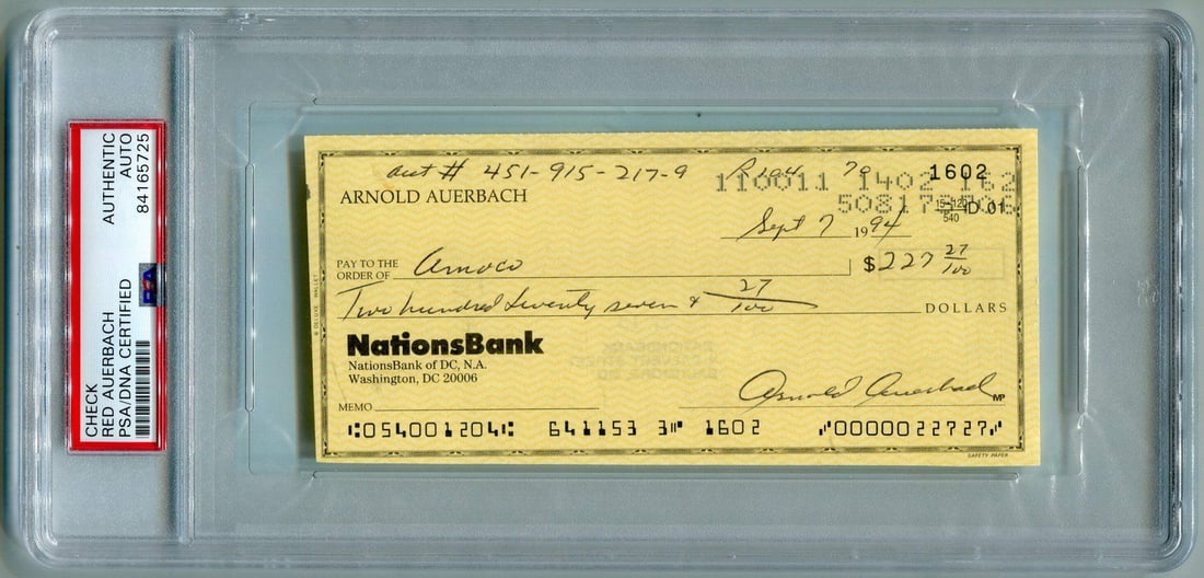 Signed Red Auerbach Personal Check PSA DNA Certified (1 of 2)