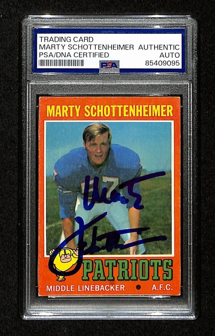 Marty Schottenheimer Signed/ Auto 1971 Topps RC Card #3 Patriots PSA/ DNA 195094: Marty Schottenheimer Signed/ Auto 1971 Topps RC Card #3 Patriots PSA/ DNA 195094 Signed 1971 Topps RC Card #3 Patriots, featuring the work of Marty Schottenheimer, a legendary football coach. This car