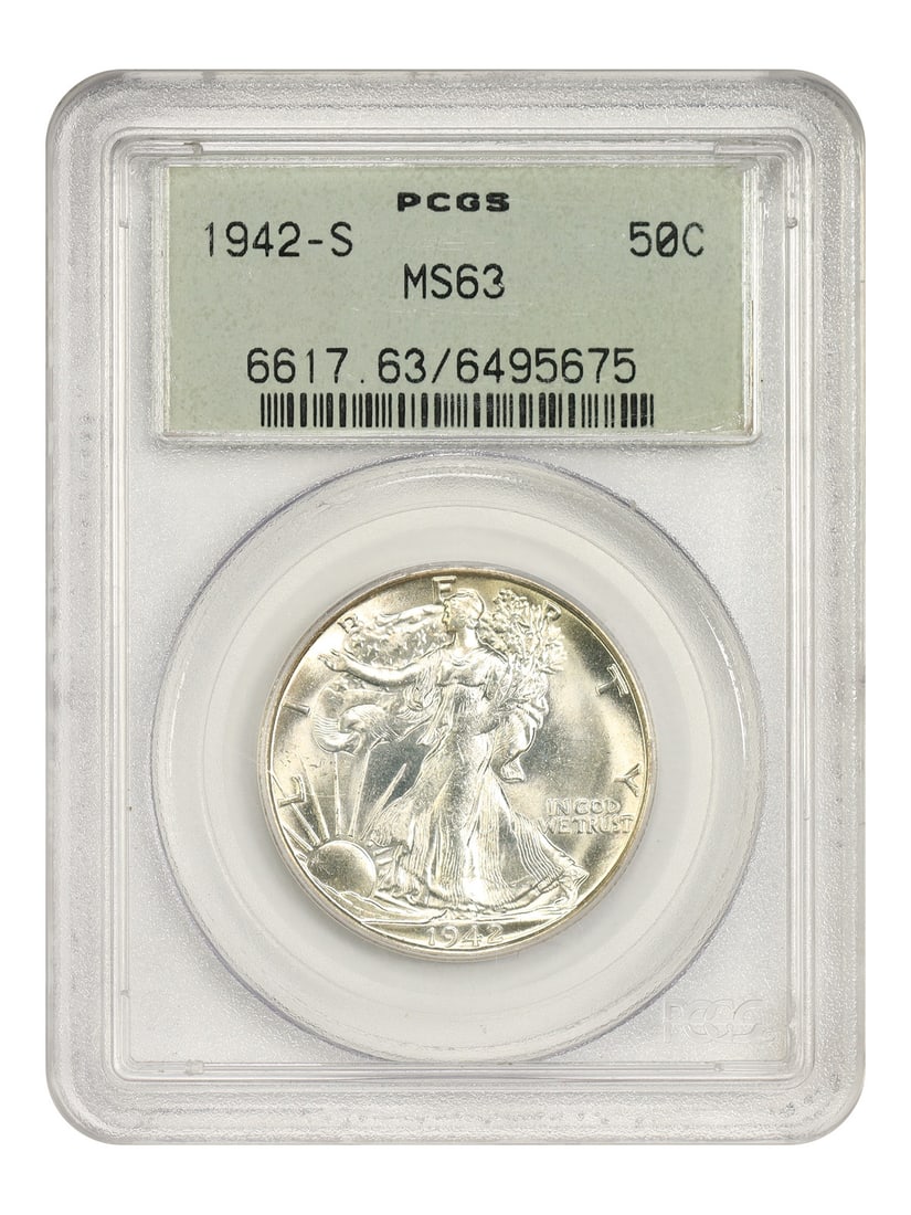 1942-S 50C PCGS MS63 OGH Walking Liberty Half Dollar: 1942-S 50C PCGS MS63 OGH Walking Liberty Half Dollar The 1942-S Walking Liberty Half Dollar, graded MS63 by PCGS, boasts a stunning Mint State 63 grade, indicating exceptional detail retention and min