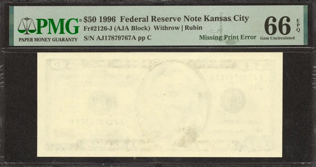 1996 $50 FEDERAL RESERVE NOTE KANSAS CITY FR.2126-J PMG 66 - PRINT ERROR (767A) (1 of 2)