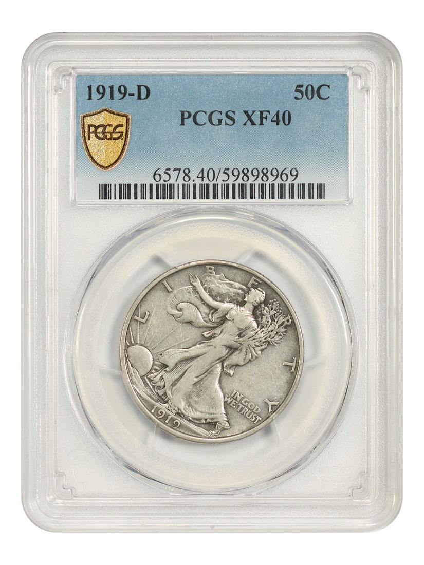 1919-D 50C PCGS XF40 - Walking Liberty Half Dollar - Key Date: 1919-D 50C PCGS XF40 - Walking Liberty Half Dollar - Key Date 1919-D Walking Liberty Half Dollar in XF40 condition, a key date for collectors, with a PCGS certification number for added authenticity. 