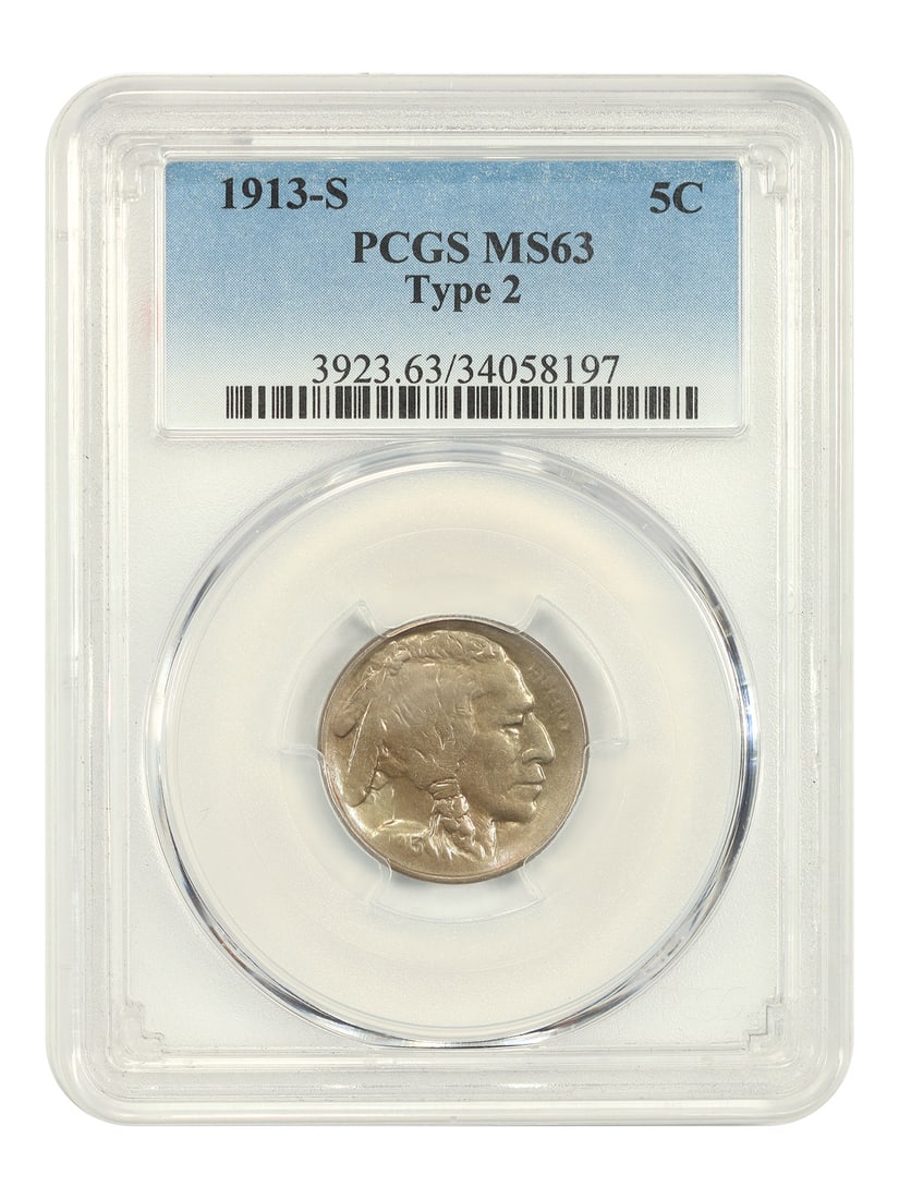 1913-S 5C PCGS MS63 (Type 2) - Buffalo Nickel - Key Date S-Mint: 1913-S 5C PCGS MS63 (Type 2) - Buffalo Nickel - Key Date S-Mint 1913-S 5C PCGS MS63 (Type 2) - Buffalo Nickel - Key Date S-Mint. This 1913-S Buffalo Nickel is a highly sought-after key date, featuring