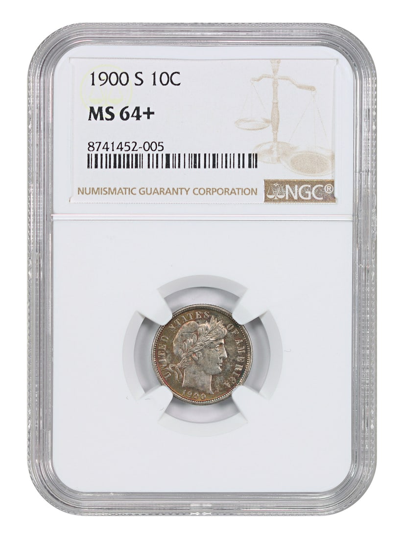 1900-S 10C NGC MS64+ - Barber Dime: 1900-S 10C NGC MS64+ - Barber Dime The 1900-S 10C NGC MS64+ Barber Dime is a highly detailed and well-preserved example of this iconic coin. With its San Francisco mint mark and circulated/uncirculate