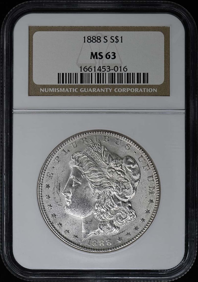 Morgan Dollar S$1 1888-S MS63: Morgan Dollar S$1 1888-S MS63 The 1888-S Morgan Dollar is a highly detailed coin with an NGC MS63 grade, showcasing its exceptional condition. Certified as an uncirculated mint piece from the San Fran