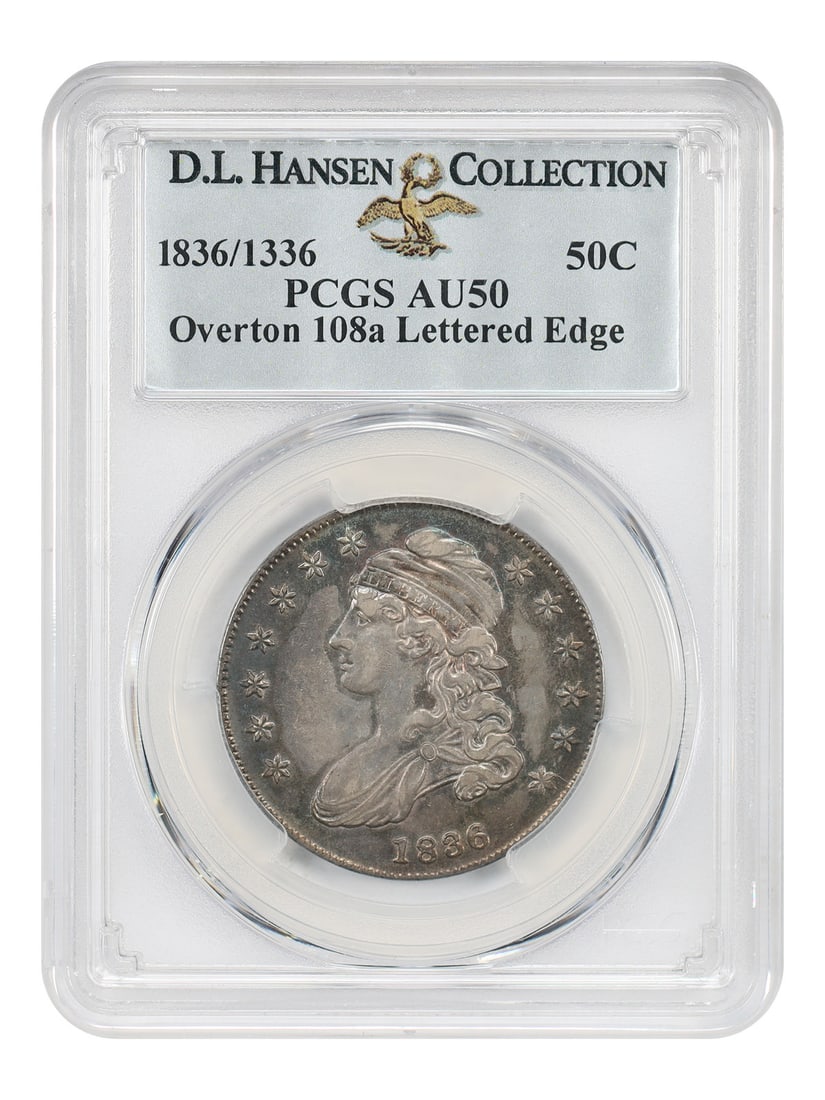 1836/ 1336 50C PCGS AU50 (O-108a, Lettered Edge) ex: D.L. Hansen: 1836/ 1336 50C PCGS AU50 (O-108a, Lettered Edge) ex: D.L. Hansen 1836/ 1336 50C PCGS AU50 (O-108a, Lettered Edge) ex: D.L. Hansen - A circulated 50-cent coin from 1836, graded AU50 by PCGS, featuring 