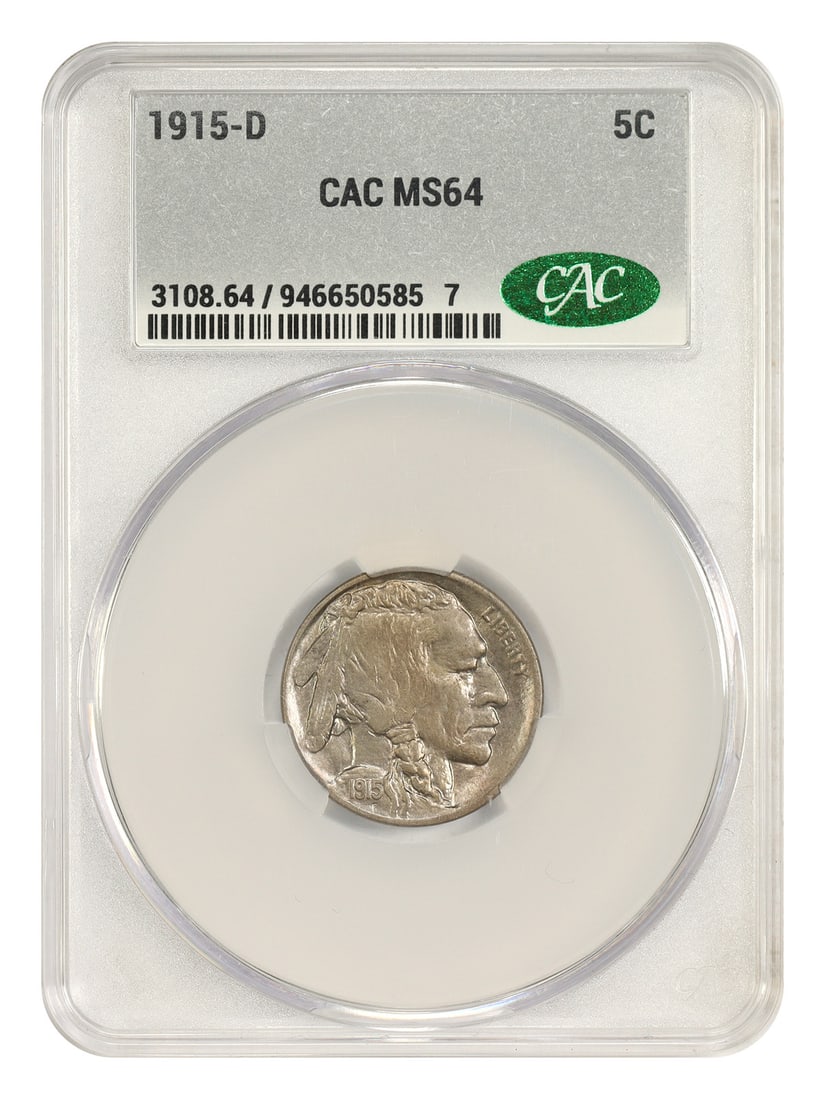 1915-D 5C CACG MS64 - Buffalo Nickel: 1915-D 5C CACG MS64 - Buffalo Nickel The 1915-D 5C CACG MS64 Buffalo Nickel boasts a striking MS64 grade, showcasing exceptional mint state condition with a rich patina. Certified by CACG, this coin b
