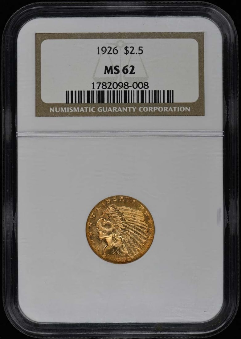 $2.50 Indian 1926 MS62 NGC: $2.50 Indian 1926 MS62 NGC The 1926 MS62 Indian $2.50 coin is a highly detailed and well-preserved specimen, certified by the NGC as MS62. This uncirculated coin features the iconic design of the Indi
