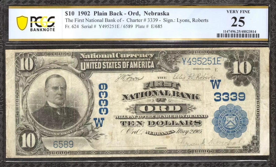 25 VERY FINE FIRST NATIONAL BANKNOTE CURRENCY 1902 NEBRASKA $10 251E PCGS: 25 VERY FINE FIRST NATIONAL BANKNOTE CURRENCY 1902 NEBRASKA $10 251E PCGS 25 VERY FINE 1902 NEBRASKA $10 FIRST NATIONAL BANKNOTE CURRENCY, graded 25 by PCGS, bears a signature and is a circulated exam