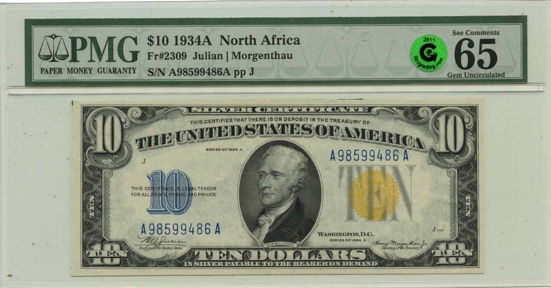 1934A $10 Silver Certificate North Africa WWII FR#2309 PMG GEM 65 EPQ: 1934A $10 Silver Certificate North Africa WWII FR#2309 PMG GEM 65 EPQ This 1934A $10 Silver Certificate is a rare and highly graded example, certified by PMG as MS65. Featuring a unique design and bea