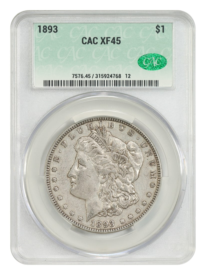 1893 $1 CACG XF45 - Morgan Dollar - Better Date P-Mint: 1893 $1 CACG XF45 - Morgan Dollar - Better Date P-Mint The 1893 $1 CACG XF45 Morgan Dollar is a circulated example from the Philadelphia Mint, bearing the Better Date. Certified by CACG, this coin sho
