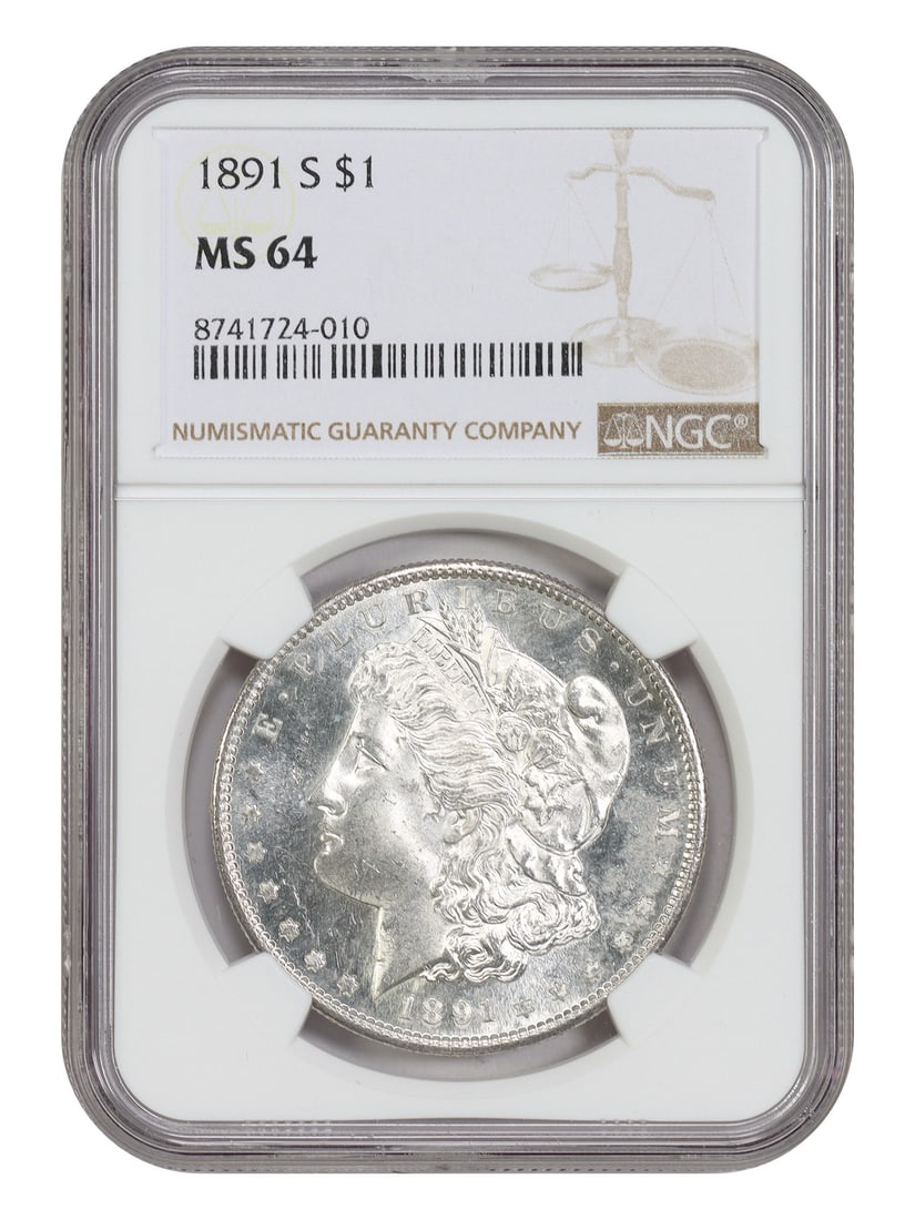 1891-S $1 NGC MS64 - Morgan Dollar - Better S-Mint: 1891-S $1 NGC MS64 - Morgan Dollar - Better S-Mint The 1891-S $1 Morgan Dollar is a highly sought-after coin, featuring the iconic design of George T. Morgan. Certified by the Numismatic Guaranty Corp