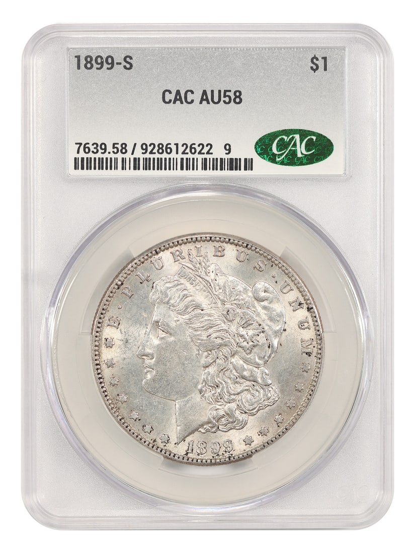 1899-S $1 CACG AU58 - Morgan Dollar - Tough S-Mint: 1899-S $1 CACG AU58 - Morgan Dollar - Tough S-Mint 1899-S $1 CACG AU58 - Morgan Dollar - Tough S-MintThis 1899-S Morgan Dollar is a circulated example with a high level of detail, showcasing the San F