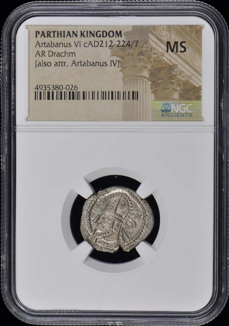 Artabanus VI cAD212-224/ 7 PARTHIAN KINGDOM AR Drachm NGC MS60: Artabanus VI cAD212-224/ 7 PARTHIAN KINGDOM AR Drachm NGC MS60 NGC MS60 graded Artabanus VI cAD212-224/ 7 PARTHIAN KINGDOM AR Drachm, bearing a signature. This ancient coin features the mark of a