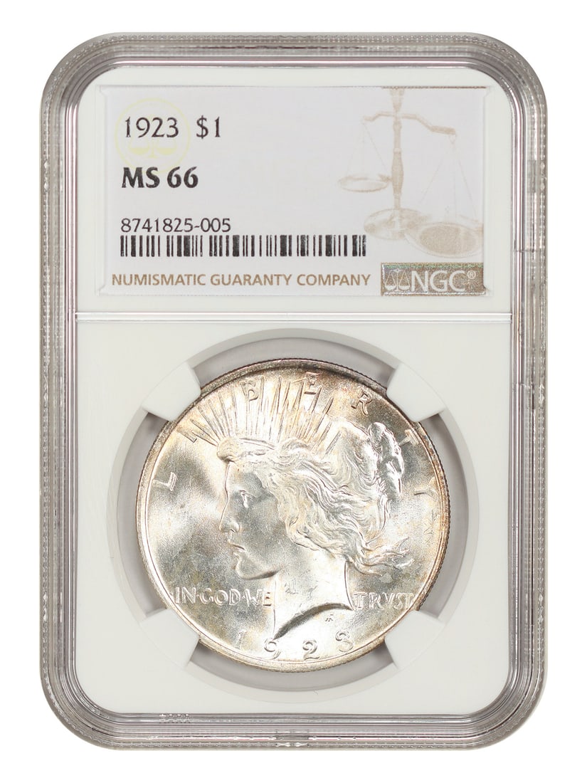 1923 $1 NGC MS66 - Peace Dollar - Popular Collector Date: 1923 $1 NGC MS66 - Peace Dollar - Popular Collector Date 1923 $1 NGC MS66 - Peace Dollar. This uncirculated 1923 Peace Dollar is certified by the Numismatic Guaranty Corporation (NGC) with a high