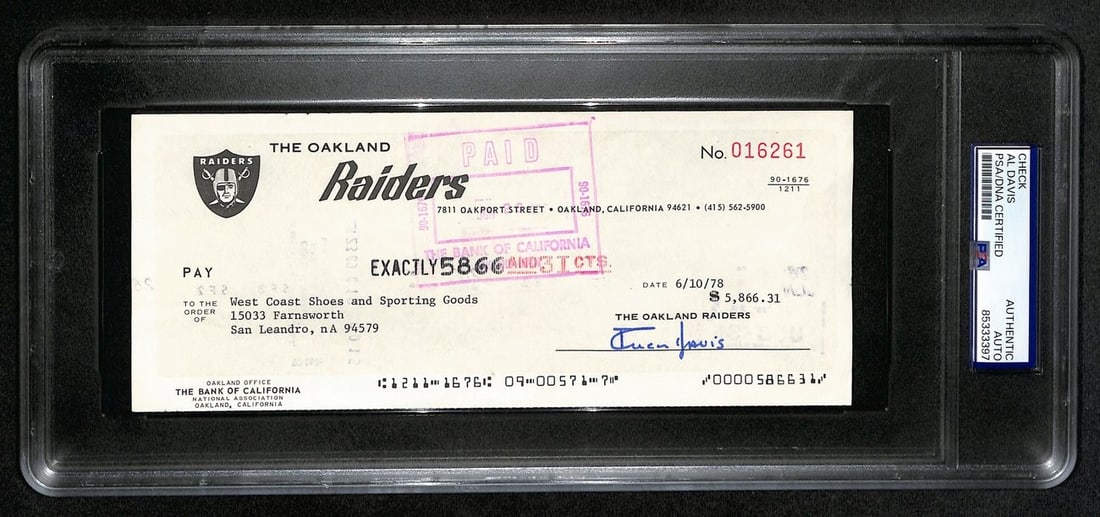 Signed by Al Davis HOF Autographed Check Raiders Bank 8.5x3.5 PSA DNA 193240: Signed by Al Davis HOF Autographed Check Raiders Bank 8.5x3.5 PSA DNA 193240 Item Specifics: Original/Reprint: Original Player: Al Davis Product: Check Signed: YES Sport: Football Product Disclaimer: