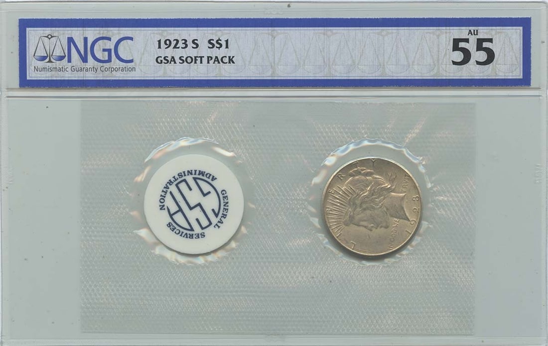 1923-S Peace Dollar GSA SOFT PACK S$1 NGC AU55: 1923-S Peace Dollar GSA SOFT PACK S$1 NGC AU55 1923-S Peace Dollar GSA Soft Pack: This circulated 1923-S Peace Dollar is certified by the Numismatic Guaranty Corporation (NGC) with a grade of AU55,