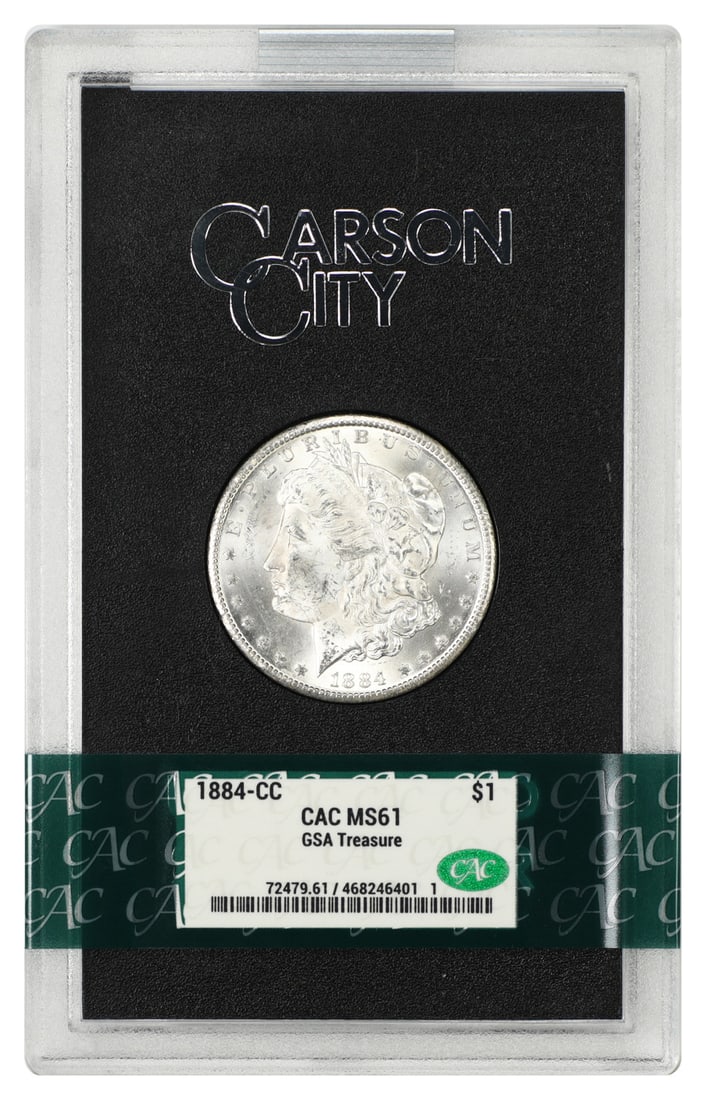 GSA: 1884-CC $1 CACG MS61 (Box and COA) - Morgan Dollar - Popular CC-Mint GSA: GSA: 1884-CC $1 CACG MS61 (Box and COA) - Morgan Dollar - Popular CC-Mint GSA The 1884-CC $1 Morgan Dollar is a highly sought-after coin, certified by CACG as MS61, indicating a high level of quality
