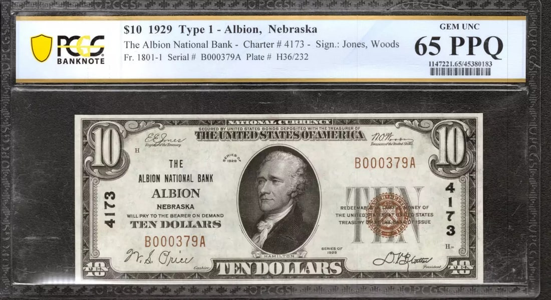 1929 $10 ALBION NATIONAL BANK NOTE FR.1801-1 NEBRASKA PCGS GEM UNC 65 PPQ (379A): 1929 $10 ALBION NATIONAL BANK NOTE FR.1801-1 NEBRASKA PCGS GEM UNC 65 PPQ (379A) PCGS Grade Designation: EPQ/PPQ Grade: 66 PPQ, a high grade for a 1929 $10 ALBION NATIONAL BANK NOTE. This note is in