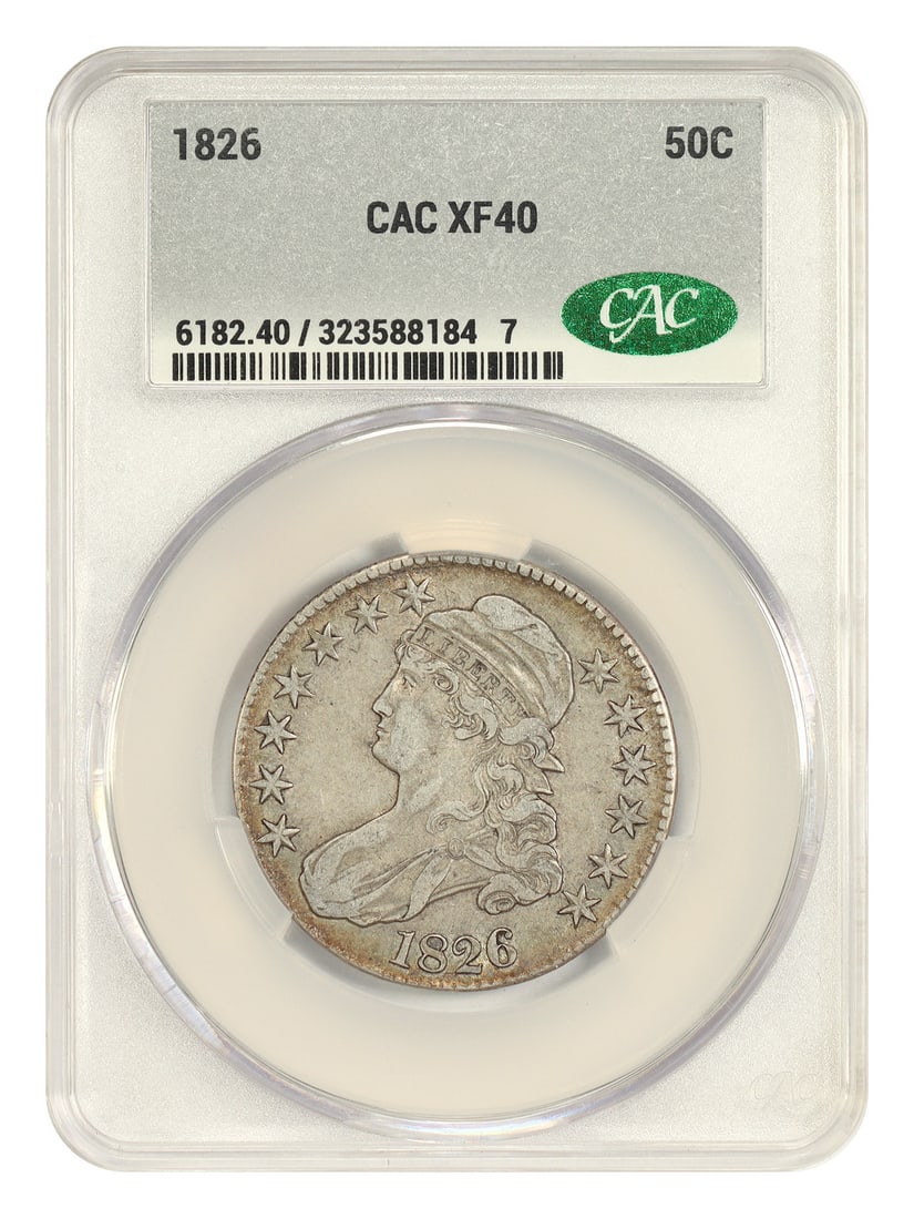 Capped Bust Half Dollar XF40 50C CACG 1826: Capped Bust Half Dollar XF40 50C CACG 1826 Item Specifics: Denomination: 50C Year: 1826 Mint Location: Philadelphia Circulated/Uncirculated: Circulated Certification: CACG Certification Number: 323588