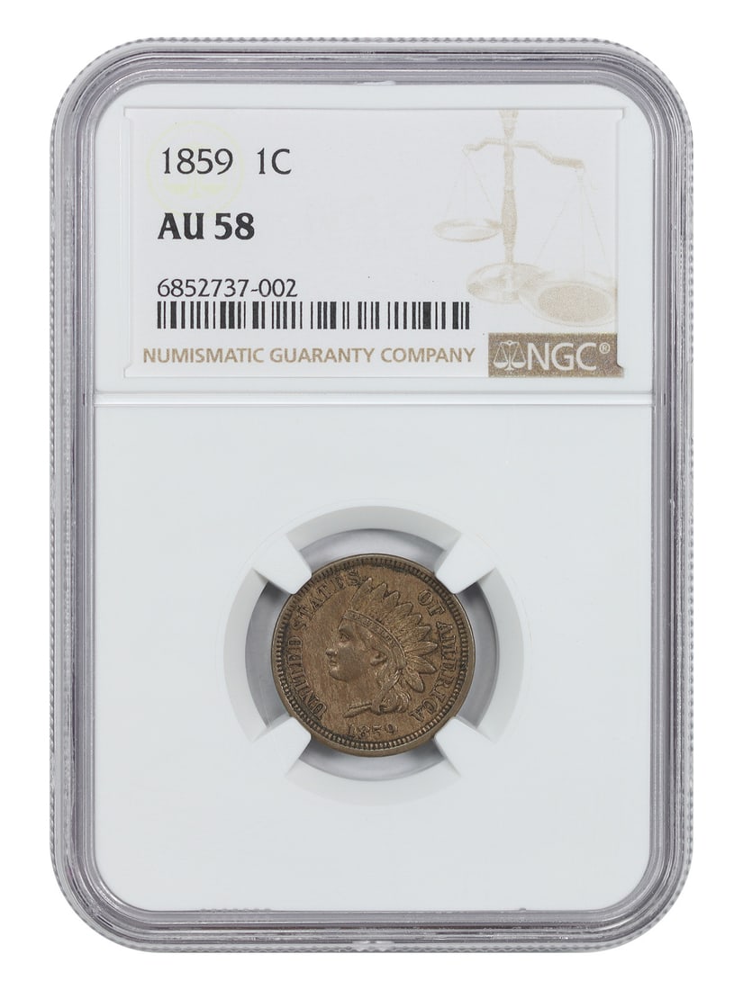 1859 1C NGC AU58 - Indian Cent - Popular One Year Type Coin: 1859 1C NGC AU58 - Indian Cent - Popular One Year Type Coin The 1859 Indian Cent is a historic coin with a rich history, featuring a distinctive design that has captivated collectors for generations. 