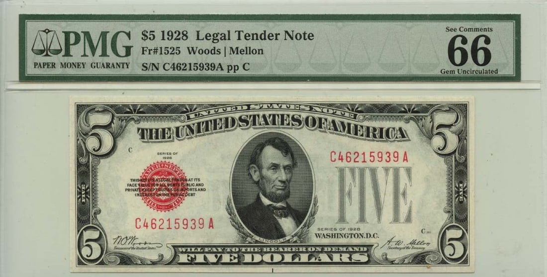1928 $5 Legal Tender Note Fr# 1525 PMG Gem66 EPQ: 1928 $5 Legal Tender Note Fr# 1525 PMG Gem66 EPQ The 1928 $5 Legal Tender Note Fr# 1525 PMG Gem66 EPQ is a rare and highly graded circulated uncirculated note, certified by the Professional Grading an