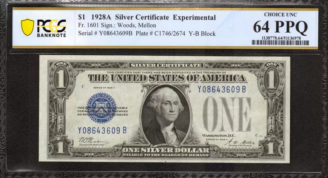 1928 A $1 EXPERIMENTAL SILVER CERTIFICATE FR.1601 Y-B BLOCK PCGS CU 64 PPQ (609B: 1928 A $1 EXPERIMENTAL SILVER CERTIFICATE FR.1601 Y-B BLOCK PCGS CU 64 PPQ (609B Item Specifics: Certification: PCGS Grade Designation: EPQ/PPQ Grade: 64 PPQ Series Year: 1928 Year: 1928 Circulated/Un