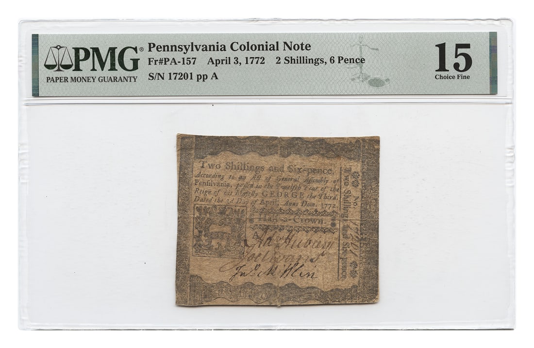 FR. PA-157 April 3, 1772 2 Shillings, 6 Pence Pennsylvania Col. PMG Choice Fine: FR. PA-157 April 3, 1772 2 Shillings, 6 Pence Pennsylvania Col. PMG Choice Fine Circulated 2 Shillings 6 Pence coins from the Pennsylvania Colony, dated April 3, 1772, bear the PMG certification numbe
