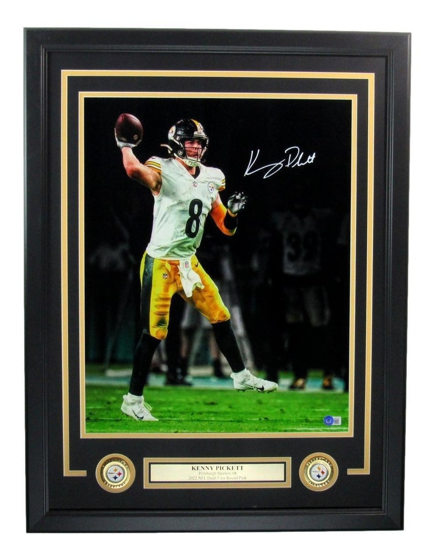 Pickett Autographed Steelers Photo Framed Pittsburgh Kenny 16x20 Beckett: Pickett Autographed Steelers Photo Framed Pittsburgh Kenny 16x20 Beckett Authentic Pittsburgh Steelers photo, signed by Kenny Pickett, framed in a 16x20 Beckett display. The photo bears a signature fr