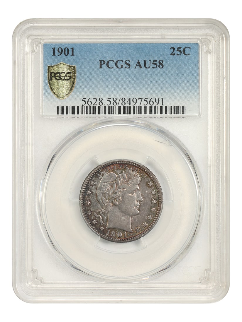 1901 25C PCGS AU58 - Barber Quarter: 1901 25C PCGS AU58 - Barber Quarter The 1901 Barber Quarter is a circulated coin featuring the iconic Barber design, minted in Philadelphia. With a PCGS AU58 grade, this coin showcases a high level of