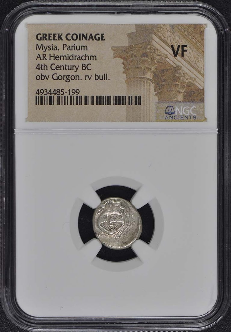 4th Century BC Mysia Parium AR Hemidrachnm NGC VF25: 4th Century BC Mysia Parium AR Hemidrachnm NGC VF25 NGC VF25, a rare 4th century BC Mysia Parium AR Hemidrachm, bears a certification from the Numismatic Guaranty Corporation, verifying its authentici