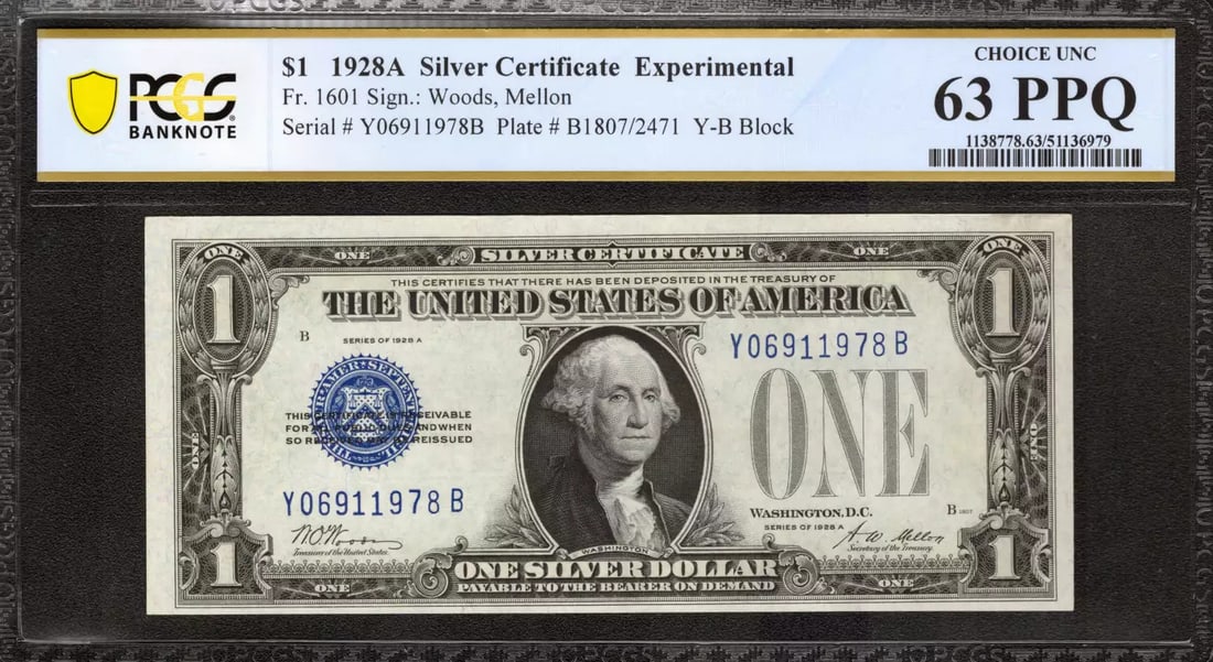 1928 A $1 EXPERIMENTAL SILVER CERTIFICATE FR.1601 Y-B BLOCK PCGS CU 63 PPQ (978B: 1928 A $1 EXPERIMENTAL SILVER CERTIFICATE FR.1601 Y-B BLOCK PCGS CU 63 PPQ (978B The 1928 A $1 Experimental Silver Certificate features a unique design and serial number, making it a notable piece for