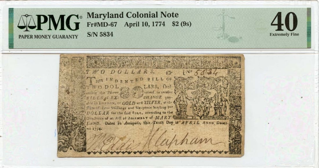 Colonial Note Maryland $2 1774 April 10 PMG XF40 FR: Colonial Note Maryland $2 1774 April 10 PMG XF40 FR The Colonial Note Maryland $2, dated April 10, 1774, boasts a PMG XF40 grade, indicating a high level of condition. This circulated colonial currenc