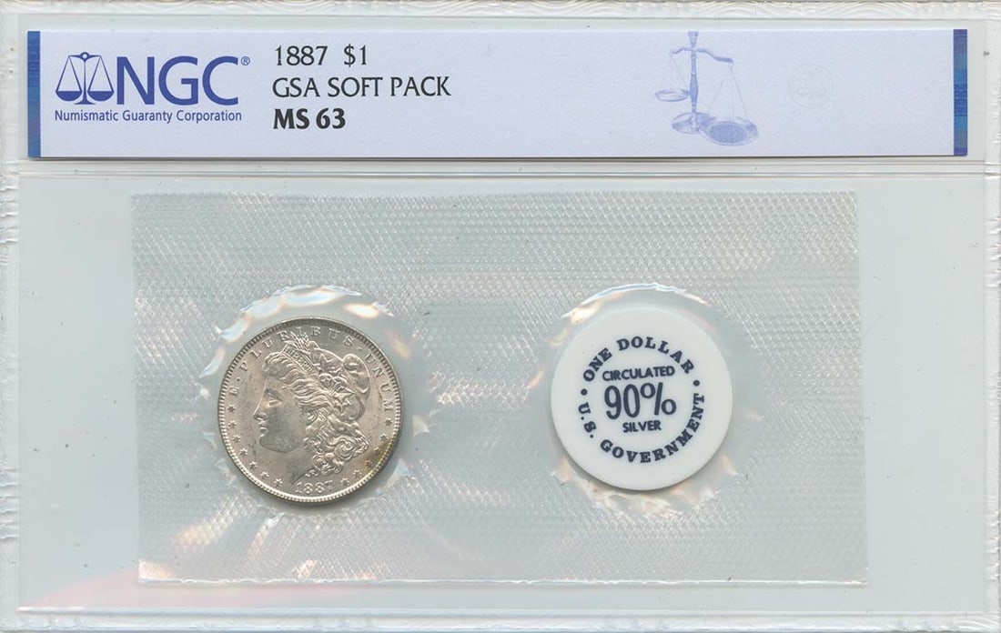 1887 Morgan Dollar GSA SOFT PACK S$1 NGC MS63: 1887 Morgan Dollar GSA SOFT PACK S$1 NGC MS63 Soft-packed in a GSA-approved holder, this 1887 Morgan Dollar is certified MS63 by the Numismatic Guaranty Corporation (NGC). The coin's high grade and ci