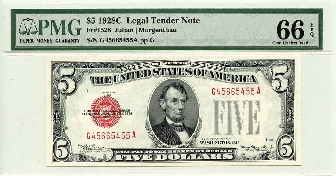 1928C $5 Legal Tender Note Red Julian Morgenthau Fr# 1528 PMG 66 EPQ: 1928C $5 Legal Tender Note Red Julian Morgenthau Fr# 1528 PMG 66 EPQ The 1928C $5 Legal Tender Note features a distinctive red color and a signature, bearing a notable signature. This note is certifie