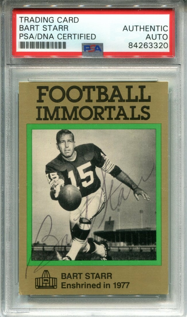 Bart Starr Autographed 1985 Football Immortals Card (PSA): Bart Starr Autographed 1985 Football Immortals Card (PSA) Signed by Bart Starr in black pen across the front of the 1985 Football Immortals Card, this item is certified by the Professional Sports Auth