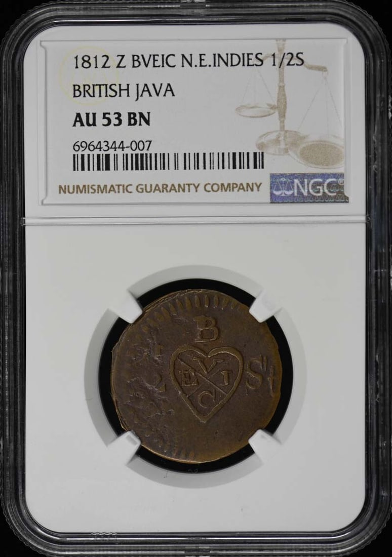 1812 Z BVEIC N.E.INDIES BRITISH JAVA S-605 1/ 2S NGC AU53BN POP 1/ 1: 1812 Z BVEIC N.E.INDIES BRITISH JAVA S-605 1/ 2S NGC AU53BN POP 1/ 1 Circulated 1812 British Java Half Rupee, graded AU53 by NGC, with a notable NGC Pop of 1/1. This circulated coin bears a
