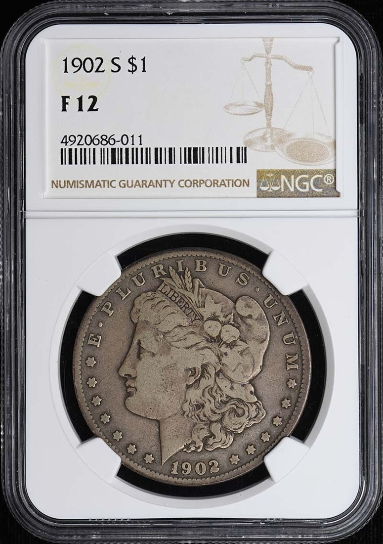 S$1 NGC F12 Morgan Dollar 1902-S: S$1 NGC F12 Morgan Dollar 1902-S The 1902-S Morgan Dollar, certified by NGC, boasts a grade of F12, indicating a moderate level of wear. This circulated coin, minted in San Francisco, features the ico