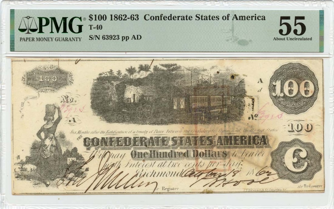 1862 $100 Confederate States of America T-40 CSA PMG AU55: 1862 $100 Confederate States of America T-40 CSA PMG AU55 Item Specifics: Certification: PMG Certification Number: 2196626038 Grade: AU55 Circulated/Uncirculated: Circulated Denomination: Confederate 