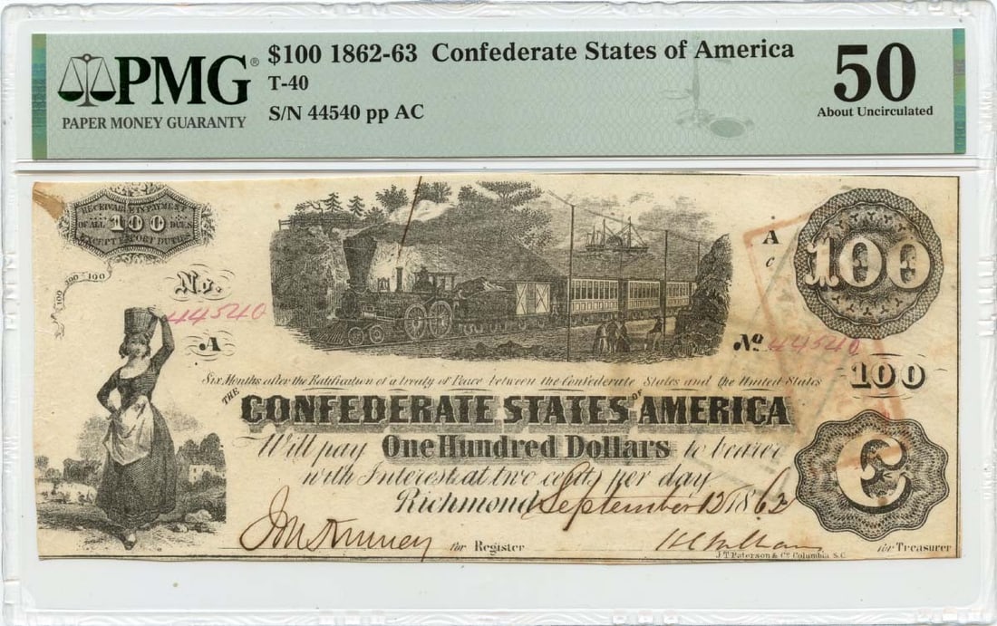 States of America Confederate $100 T-40 1862 AU50 PMG: States of America Confederate $100 T-40 1862 AU50 PMG The States of America Confederate $100 T-40 1862 AU50 PMG is a circulated example of a rare and historic note, bearing a signature and graded AU50