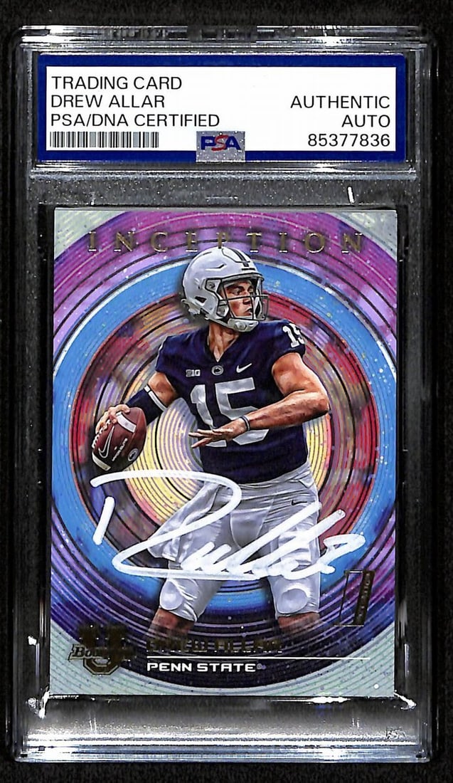 Drew Allar Penn State Signed 2022 Bowman U Inception RC Card #79 PSA/ DNA 193568: Drew Allar Penn State Signed 2022 Bowman U Inception RC Card #79 PSA/ DNA 193568 Drew Allar's autograph on this 2022 Bowman U Inception RC Card #79 is a notable feature, as it is a rare autograph