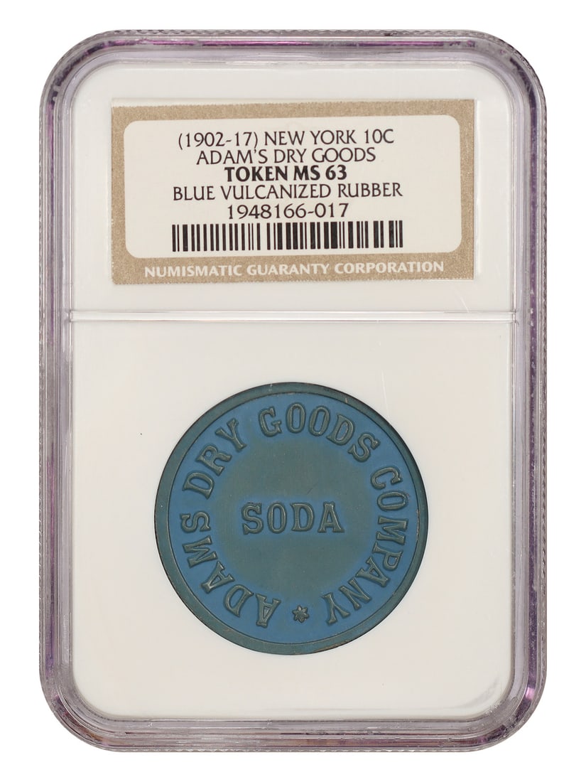 Blue Vulcanized Rubber Token 10C MS63 Adam's Dry Goods 1902: Blue Vulcanized Rubber Token 10C MS63 Adam's Dry Goods 1902 The Blue Vulcanized Rubber Token, minted in 1910, boasts a striking blue hue and is certified as Uncirculated by the NGC. This