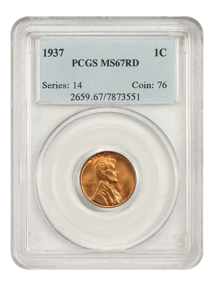 MS67RD PCGS 1C Lincoln Cent Wheat Reverse: MS67RD PCGS 1C Lincoln Cent Wheat Reverse The 1937 Lincoln Cent Wheat Reverse, graded MS67RD by PCGS, boasts a rich reddish-brown color, a testament to its exceptional condition. Certified as uncircul